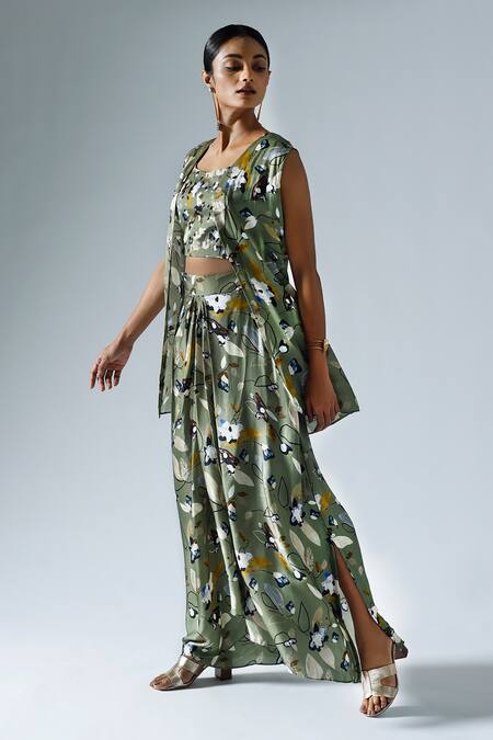 Shop Klad Green Satin Printed Abstract Floral Round Jacket With Draped Skirt Set Online at Aza Fashions Shop_Klad_Green Satin Printed Abstract Floral Round Jacket With Draped Skirt Set_Online_at_Aza_Fashions