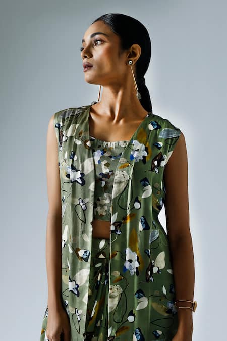 Klad Green Satin Printed Abstract Floral Round Jacket With Draped Skirt Set at Aza Fashions Klad_Green Satin Printed Abstract Floral Round Jacket With Draped Skirt Set_at_Aza_Fashions