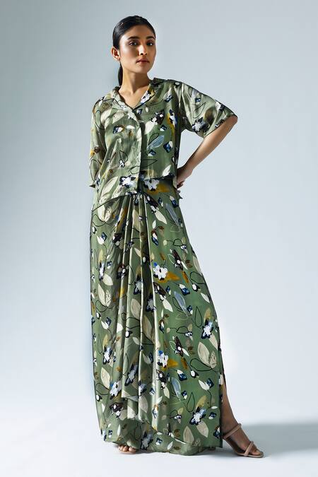 Shop Klad Green Satin Printed Floral Lapel Collar Top And Skirt Set at Aza Fashions Shop_Klad_Green Satin Printed Floral Lapel Collar Top And Skirt Set_at_Aza_Fashions