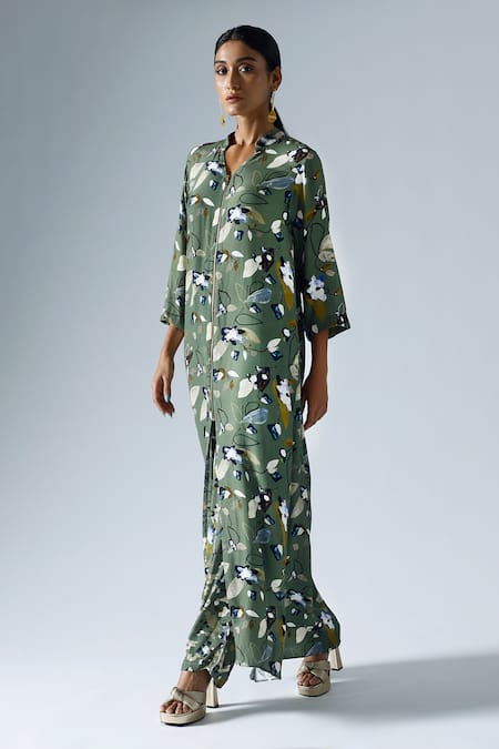 Buy Klad Green Crepe Printed Floral Stand Collar Long Jacket Pant Set Online at Aza Fashions Buy_Klad_Green Crepe Printed Floral Stand Collar Long Jacket Pant Set_Online_at_Aza_Fashions