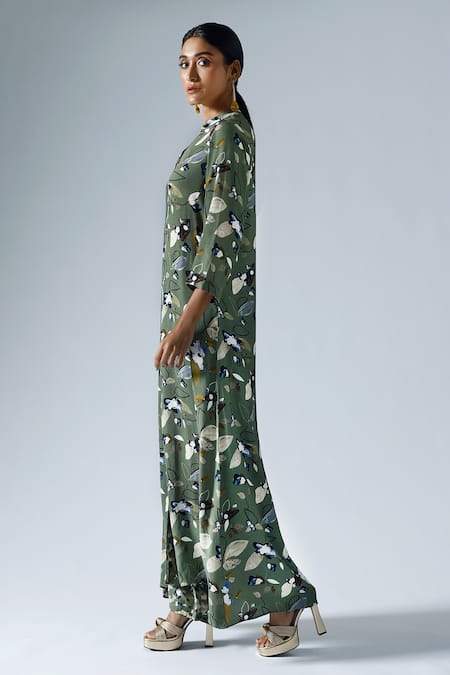 Shop Klad Green Crepe Printed Floral Stand Collar Long Jacket Pant Set Online at Aza Fashions Shop_Klad_Green Crepe Printed Floral Stand Collar Long Jacket Pant Set_Online_at_Aza_Fashions