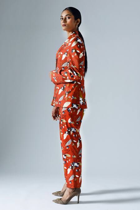 Buy_Klad_Red Cotton Printed Abstract Geometric Lapel Collar Blazer_Online_at_Aza_Fashions