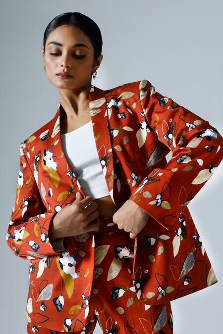 Shop_Klad_Red Cotton Printed Abstract Geometric Lapel Collar Blazer_Online_at_Aza_Fashions