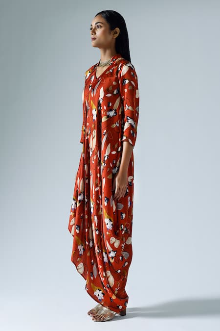 Klad_Red Satin Printed Abstract Mandarin Draped Dress_Online_at_Aza_Fashions