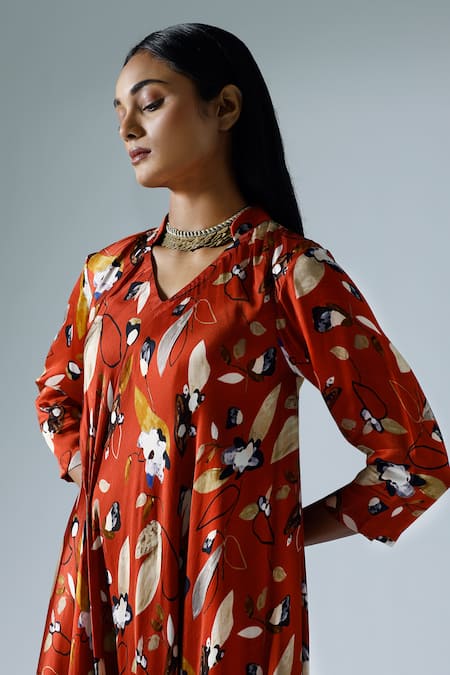 Buy_Klad_Red Satin Printed Abstract Mandarin Draped Dress_Online_at_Aza_Fashions
