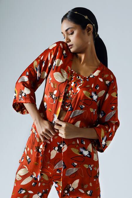 Shop Klad Red Satin Printed Abstract Floral Round Jacket And Pant Set Online at Aza Fashions Shop_Klad_Red Satin Printed Abstract Floral Round Jacket And Pant Set_Online_at_Aza_Fashions