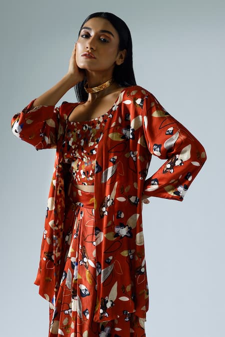Shop_Klad_Red Satin Printed Abstract Floral Round Jacket And Skirt Set_Online_at_Aza_Fashions