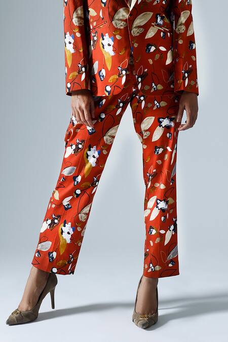 Buy_Klad_Red Cotton Printed Abstract Geometric Lapel Collar Blazer Pant Set_Online_at_Aza_Fashions