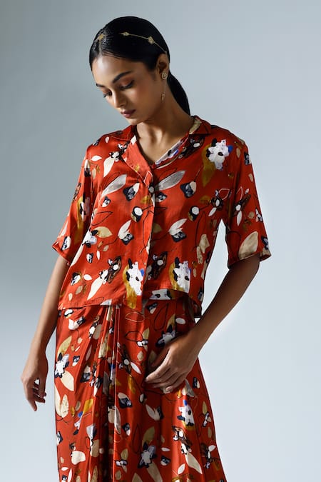 Buy Klad Red Satin Printed Floral Lapel Collar Asymmetrical Top And Skirt Set Online at Aza Fashions Buy_Klad_Red Satin Printed Floral Lapel Collar Asymmetrical Top And Skirt Set_Online_at_Aza_Fashions