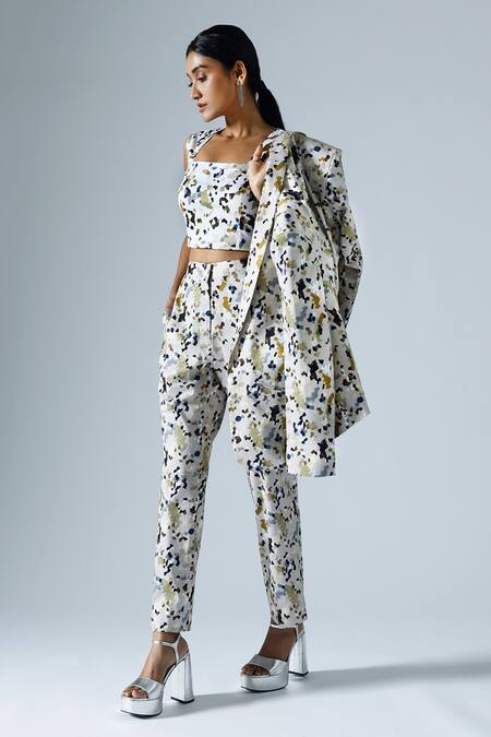 Klad_White Cotton Printed Abstract Geometric Notched Lapel Blazer_Online_at_Aza_Fashions