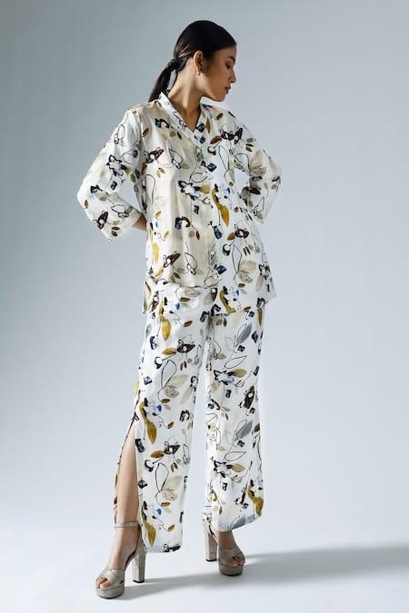 KLAD White Satin Printed Abstract Floral Shirt And Slit Pant Co-ord Set 