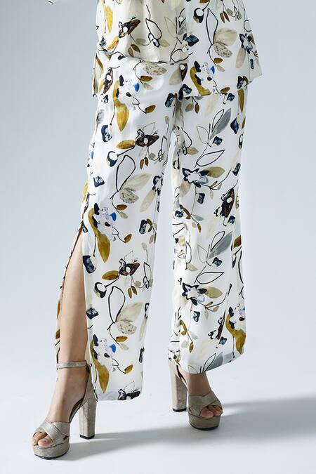 Klad White Satin Printed Abstract Floral Mandarin Shirt And Slit Pant Co-ord Set Online at Aza Fashions Klad_White Satin Printed Abstract Floral Mandarin Shirt And Slit Pant Co-ord Set_Online_at_Aza_Fashions