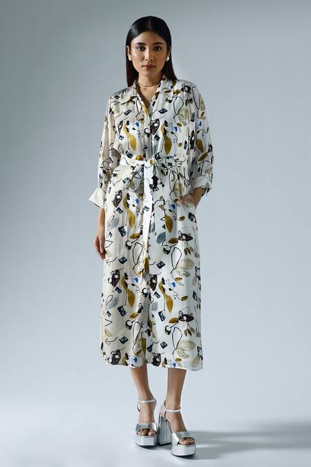 KLAD White Crepe Printed Abstract Floral Collar Cuffed Sleeve Dress 