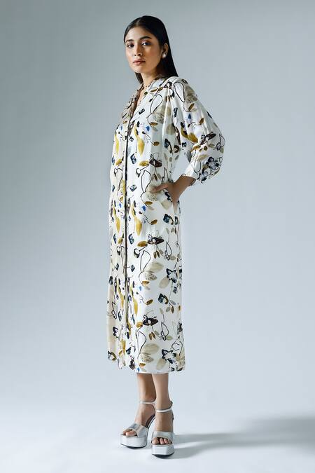 Buy Klad White Crepe Printed Abstract Floral Collar Cuffed Sleeve Dress Online at Aza Fashions Buy_Klad_White Crepe Printed Abstract Floral Collar Cuffed Sleeve Dress_Online_at_Aza_Fashions