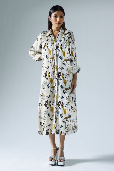 Shop Klad White Crepe Printed Abstract Floral Collar Cuffed Sleeve Dress Online at Aza Fashions Shop_Klad_White Crepe Printed Abstract Floral Collar Cuffed Sleeve Dress_Online_at_Aza_Fashions