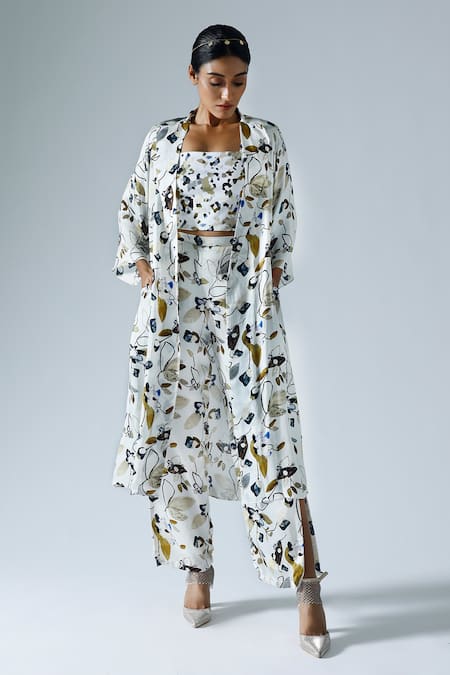 KLAD White Satin Printed Abstract Floral Round Jacket Slit Pant Set 