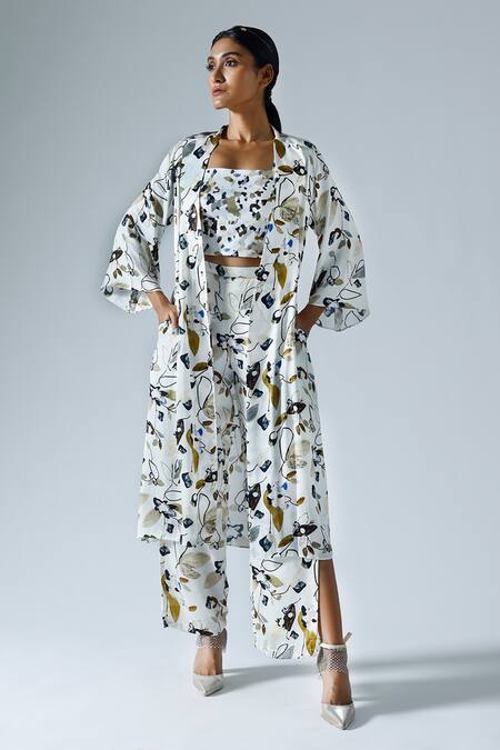Klad_White Satin Printed Abstract Floral Round Jacket Pant Set_Online_at_Aza_Fashions