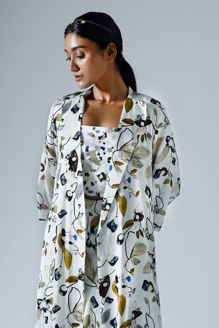 Klad_White Satin Printed Abstract Floral Round Jacket Skirt Set_Online_at_Aza_Fashions