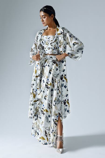 Shop_Klad_White Satin Printed Abstract Floral Round Jacket Skirt Set_Online_at_Aza_Fashions