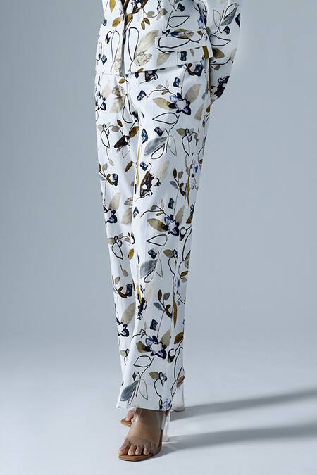 Buy_Klad_White Cotton Printed Abstract Geometric Lapel Collar Blazer Pant Set_Online_at_Aza_Fashions
