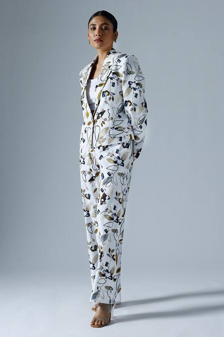 Shop_Klad_White Cotton Printed Abstract Geometric Lapel Collar Blazer Pant Set_Online_at_Aza_Fashions