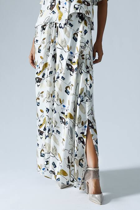 Klad White Satin Printed Floral Lapel Collar Asymmetrical Top And Skirt Set Online at Aza Fashions Klad_White Satin Printed Floral Lapel Collar Asymmetrical Top And Skirt Set_Online_at_Aza_Fashions