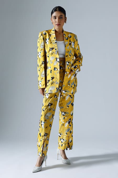 KLAD Yellow Cotton Printed Abstract Geometric Lapel Collar Blazer 