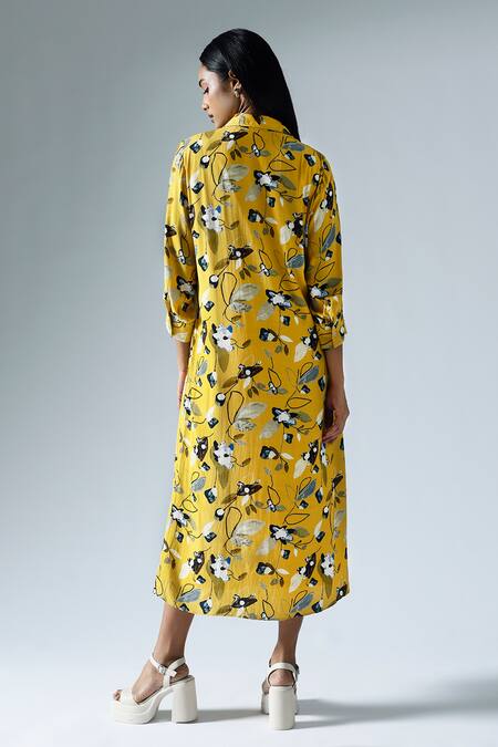 Shop_Klad_Yellow Crepe Printed Abstract Floral Collar Cuffed Sleeve Dress_at_Aza_Fashions