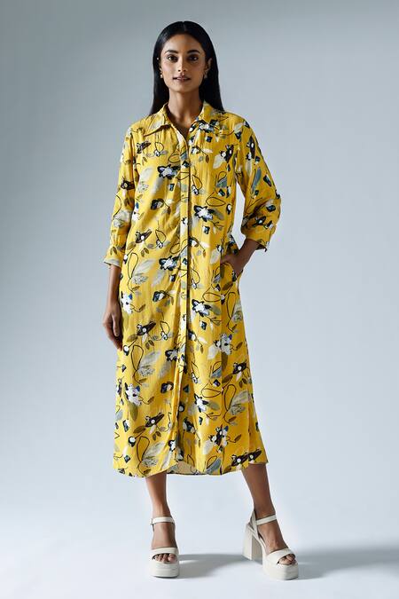 Klad_Yellow Crepe Printed Abstract Floral Collar Cuffed Sleeve Dress_Online_at_Aza_Fashions