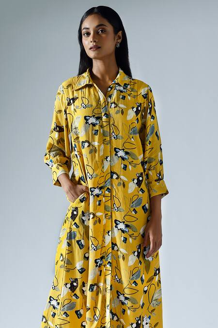 Buy_Klad_Yellow Crepe Printed Abstract Floral Collar Cuffed Sleeve Dress_Online_at_Aza_Fashions