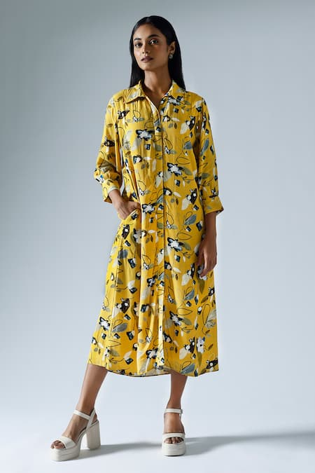 Shop_Klad_Yellow Crepe Printed Abstract Floral Collar Cuffed Sleeve Dress_Online_at_Aza_Fashions