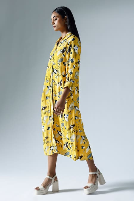 Klad_Yellow Crepe Printed Abstract Floral Collar Cuffed Sleeve Dress_at_Aza_Fashions