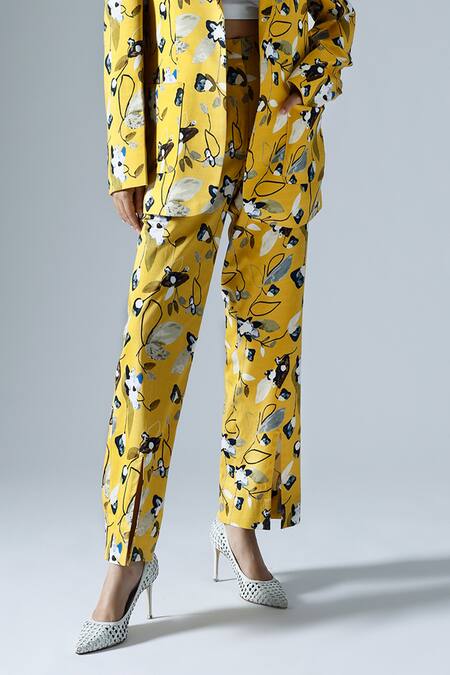 Buy_Klad_Yellow Cotton Printed Abstract Geometric Lapel Blazer Pant Set_Online_at_Aza_Fashions