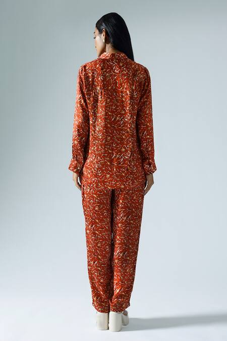 Shop Klad Red Satin Printed Wave Collared Button Down Shirt Pant Set at Aza Fashions Shop_Klad_Red Satin Printed Wave Collared Button Down Shirt Pant Set_at_Aza_Fashions
