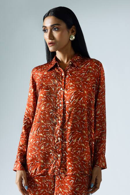 Klad Red Satin Printed Wave Collared Button Down Shirt Pant Set Online at Aza Fashions Klad_Red Satin Printed Wave Collared Button Down Shirt Pant Set_Online_at_Aza_Fashions