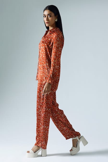 Shop Klad Red Satin Printed Wave Collared Button Down Shirt Pant Set Online at Aza Fashions Shop_Klad_Red Satin Printed Wave Collared Button Down Shirt Pant Set_Online_at_Aza_Fashions