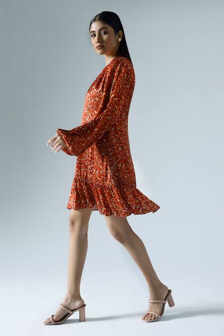 KLAD_Red Satin Printed Wave Round Shift Dress_Online_at_Aza_Fashions