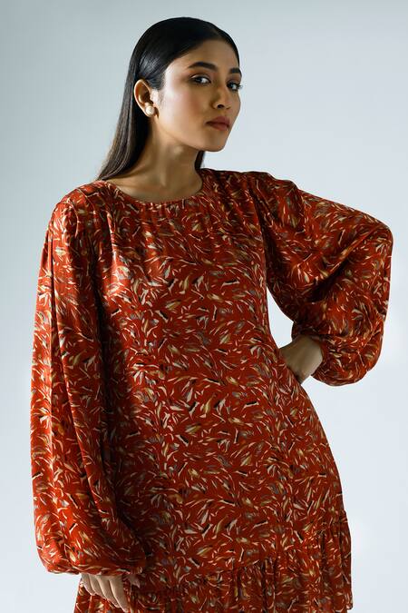Buy_KLAD_Red Satin Printed Wave Round Shift Dress_Online_at_Aza_Fashions