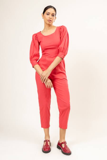 Shop_Doodlage_Pink Linen, Lycra Round Neck Puffed Sleeves Plain Jumpsuit_Online_at_Aza_Fashions