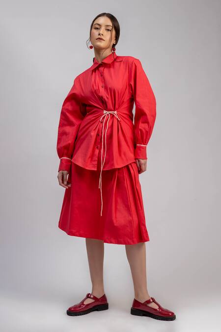 Doodlage_Pink Linen, Lycra Collared Cinched Waist Shirt_at_Aza_Fashions