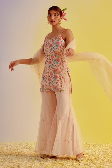 Label Mansi Nagdev Pink Chanderi, Organza Embroidery Round Aabru Digital Print Kurta Sharara Set Online at Aza Fashions Label Mansi Nagdev_Pink Chanderi, Organza Embroidery Round Aabru Digital Print Kurta Sharara Set _Online_at_Aza_Fashions