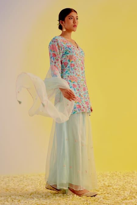 Shop Label Mansi Nagdev Blue Chanderi, Organza Embroidery, Sequins Aabru Floral Print Kurta Sharara Set at Aza Fashions Shop_Label Mansi Nagdev_Blue Chanderi, Organza Embroidery, Sequins Aabru Floral Print Kurta Sharara Set _at_Aza_Fashions