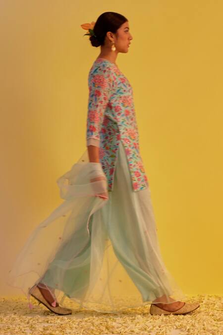 Buy Label Mansi Nagdev Blue Chanderi, Organza Embroidery, Sequins Aabru Floral Print Kurta Sharara Set Online at Aza Fashions Buy_Label Mansi Nagdev_Blue Chanderi, Organza Embroidery, Sequins Aabru Floral Print Kurta Sharara Set _Online_at_Aza_Fashions