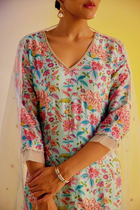 Shop Label Mansi Nagdev Blue Chanderi, Organza Embroidery, Sequins Aabru Floral Print Kurta Sharara Set Online at Aza Fashions Shop_Label Mansi Nagdev_Blue Chanderi, Organza Embroidery, Sequins Aabru Floral Print Kurta Sharara Set _Online_at_Aza_Fashions