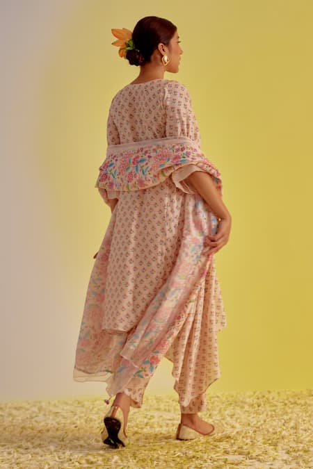 Shop Label Mansi Nagdev Pink Chanderi Embroidery Round Neck Mishal A-line Digital Print Kurta Pant Set at Aza Fashions Shop_Label Mansi Nagdev_Pink Chanderi Embroidery Round Neck Mishal A-line Digital Print Kurta Pant Set _at_Aza_Fashions