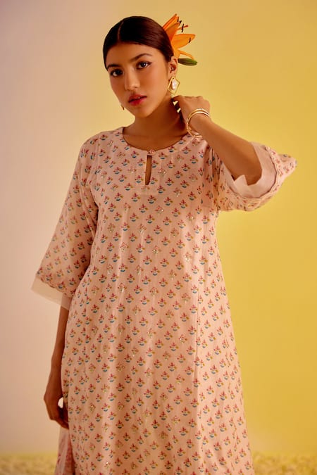 Buy Label Mansi Nagdev Pink Chanderi Embroidery Round Neck Mishal A-line Digital Print Kurta Pant Set Online at Aza Fashions Buy_Label Mansi Nagdev_Pink Chanderi Embroidery Round Neck Mishal A-line Digital Print Kurta Pant Set _Online_at_Aza_Fashions