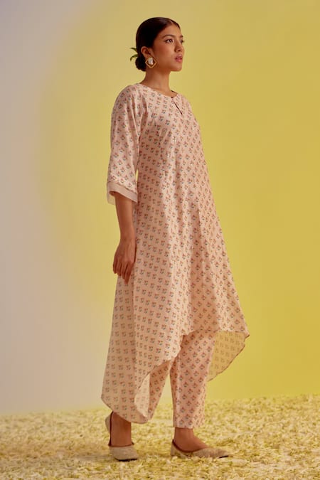 Shop Label Mansi Nagdev Pink Chanderi Embroidery Round Neck Mishal A-line Digital Print Kurta Pant Set Online at Aza Fashions Shop_Label Mansi Nagdev_Pink Chanderi Embroidery Round Neck Mishal A-line Digital Print Kurta Pant Set _Online_at_Aza_Fashions