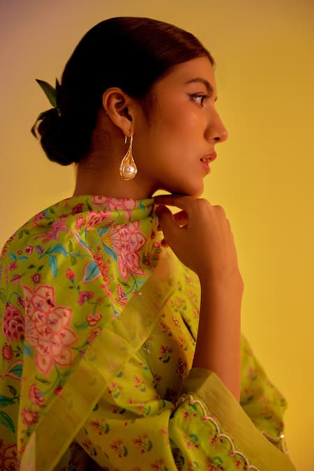 Buy Label Mansi Nagdev Green Chanderi Embroidery Round Neck Mishal Floral Print Kurta Pant Set Buy_Label Mansi Nagdev_Green Chanderi Embroidery Round Neck Mishal Floral Print Kurta Pant Set