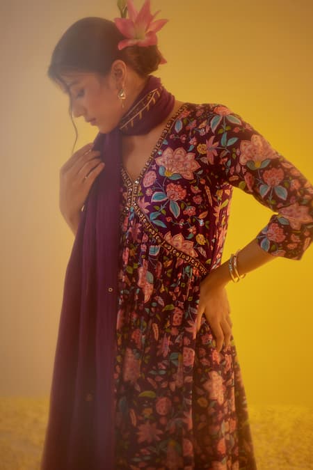 Label Mansi Nagdev Purple Chanderi Embroidery, Tassels V-neck Zoya Floral Print Anarkali Pant Set Online at Aza Fashions Label Mansi Nagdev_Purple Chanderi Embroidery, Tassels V-neck Zoya Floral Print Anarkali Pant Set _Online_at_Aza_Fashions