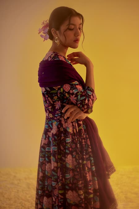 Buy Label Mansi Nagdev Purple Chanderi Embroidery, Tassels V-neck Zoya Floral Print Anarkali Pant Set Online at Aza Fashions Buy_Label Mansi Nagdev_Purple Chanderi Embroidery, Tassels V-neck Zoya Floral Print Anarkali Pant Set _Online_at_Aza_Fashions